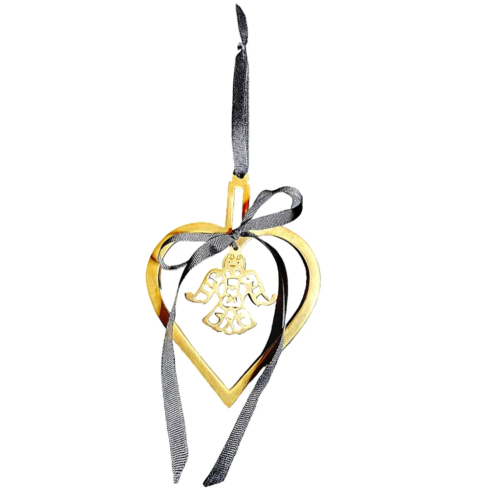 Vintage Brass Heart With Center Angel & Black‎ Ribbon Christmas Ornament 6